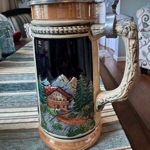 Rustic Ceramic Beer Stein with Mountain Scene
